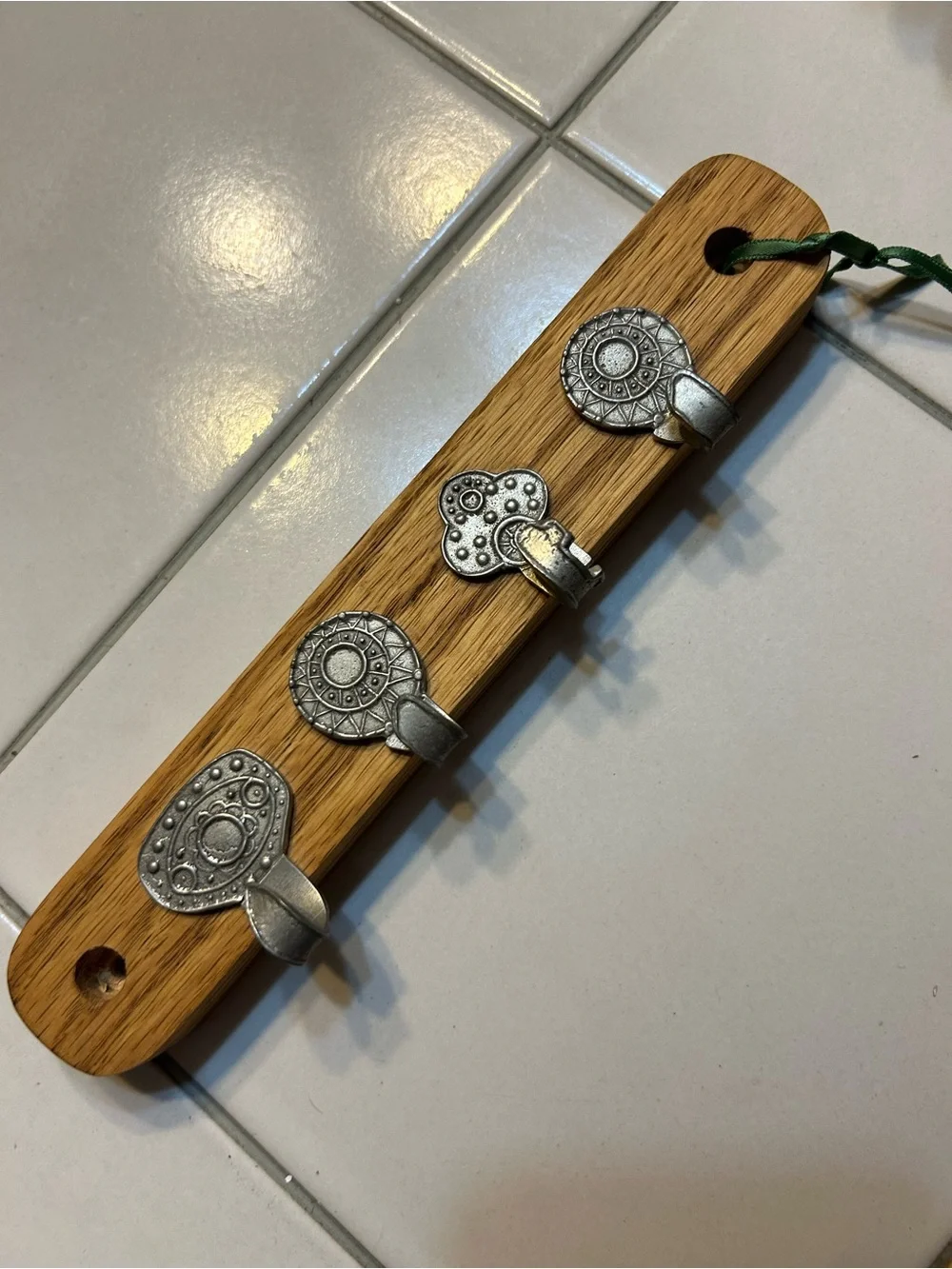 Vintage silver tone key holder key hooks on wood